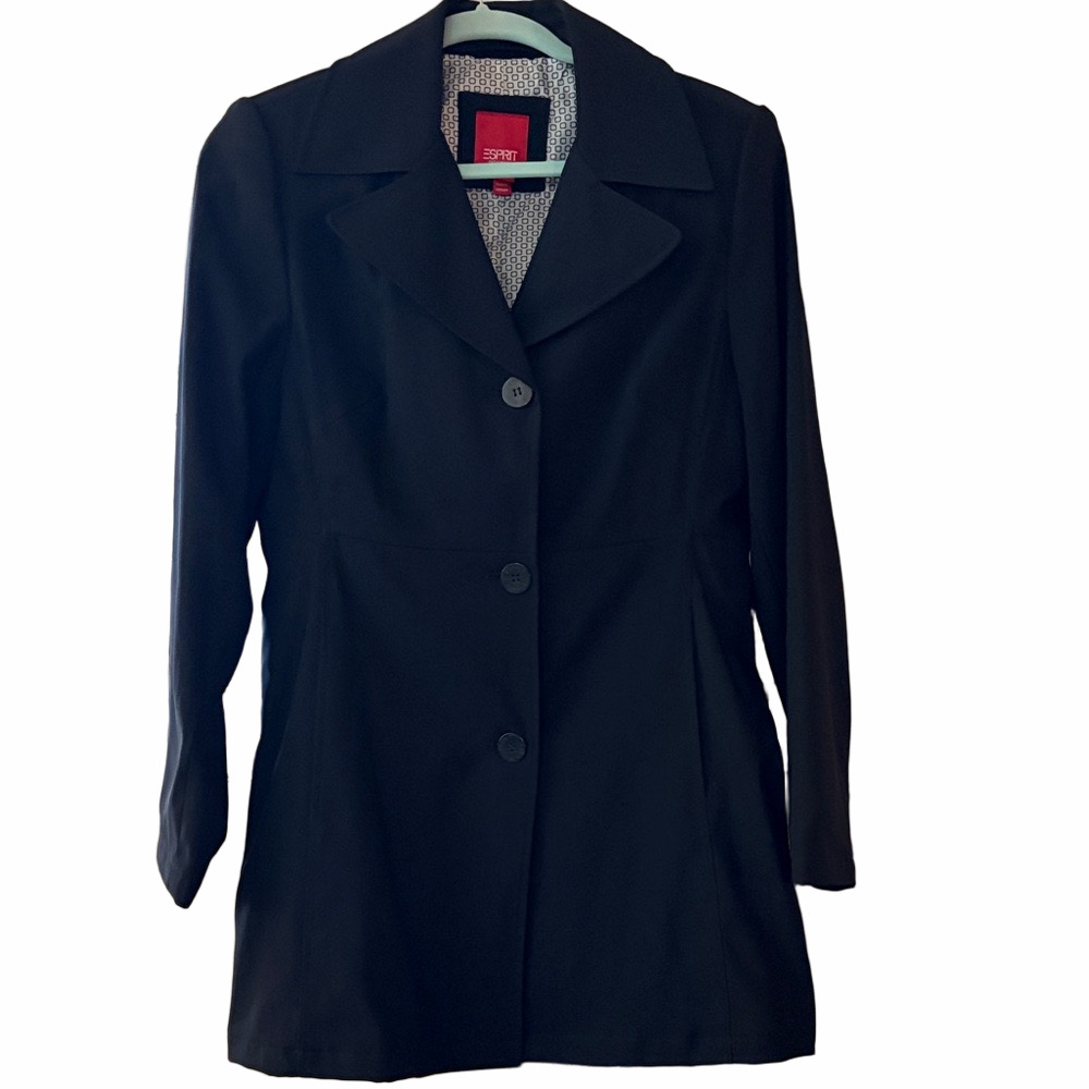 Espirit single breasted black vintage polyester trench coat.Size Small